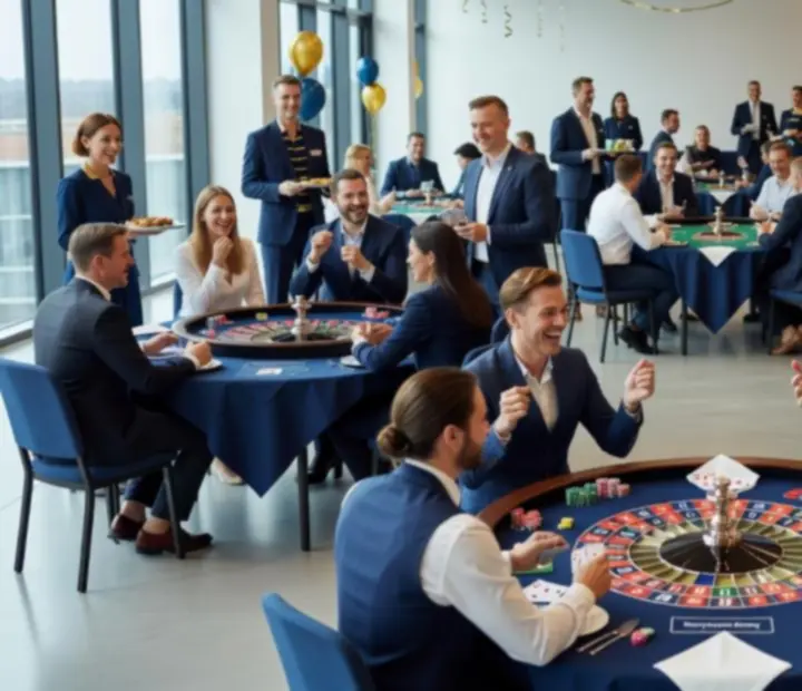 Zespół podczas integracyjnego eventu firmowego przy stołach do gry