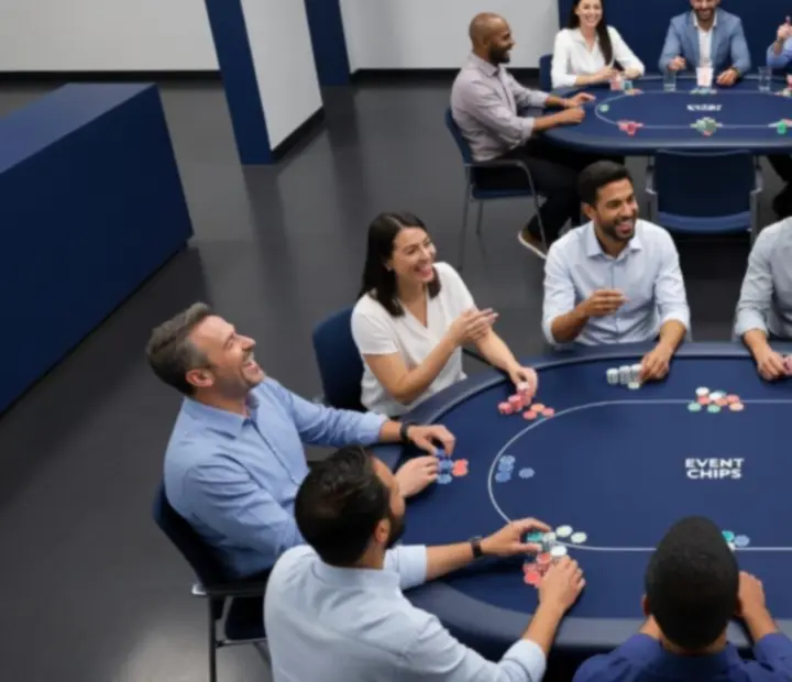Pracownicy firmy bawiący się przy stole do pokera i blackjacka